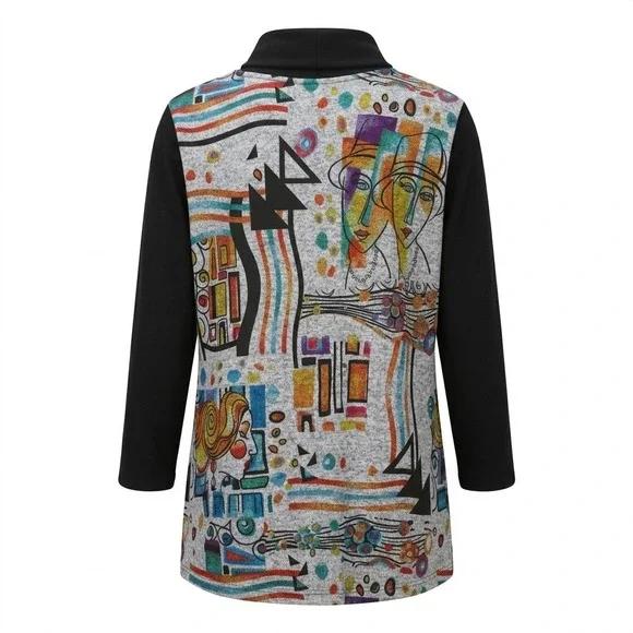 NEW Ali Miles XL Black Gray Abstract Face Art Cowl Neck 3/4 Sleeve Tunic Shirt - Picture 3 of 10